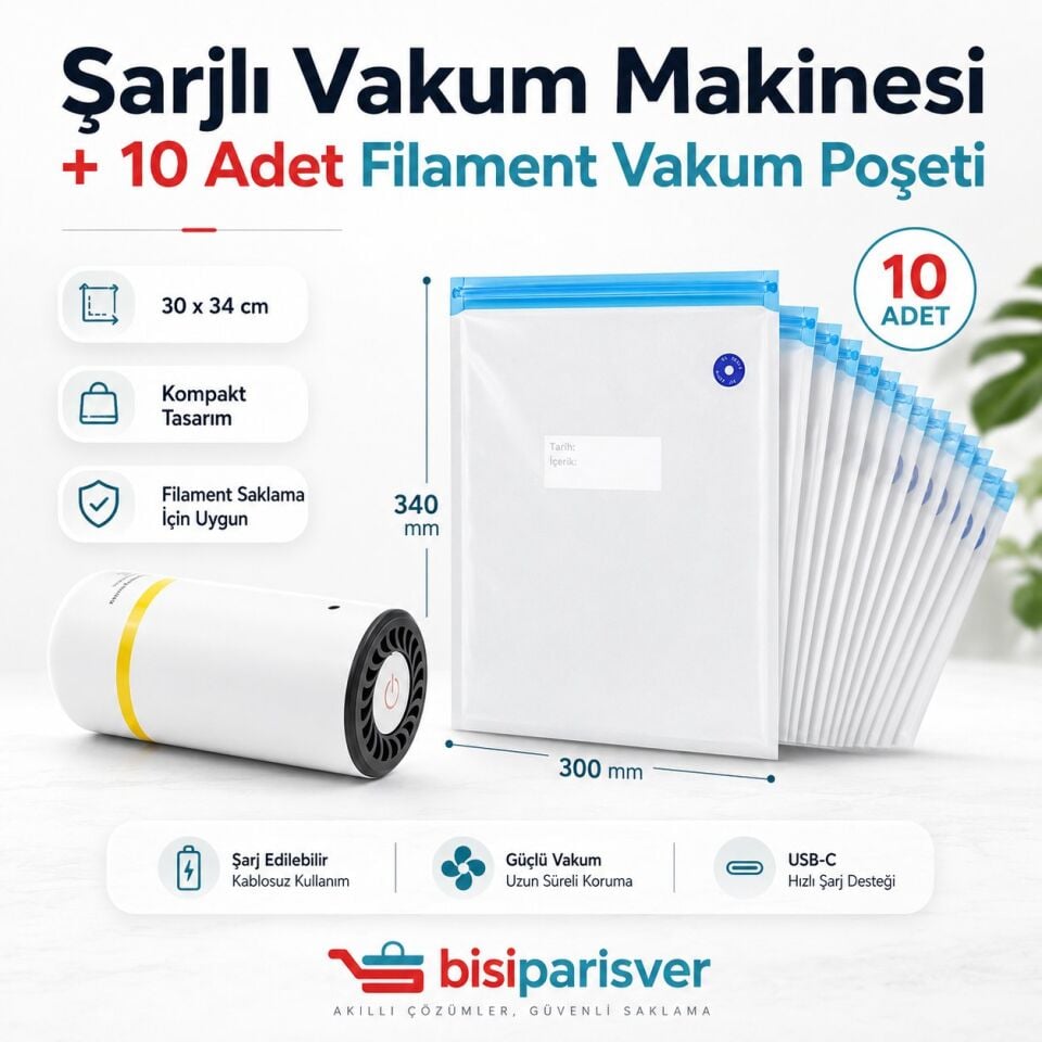 Şarjlı Vakum Makinesi ve 10 Adet Filament Vakum Poşeti - bisiparisver
